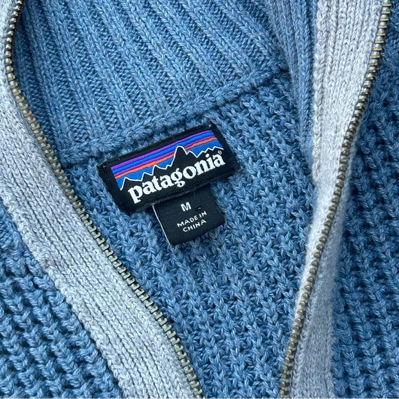 Patagonia Ponderosa Pine Sweater Waffle Knit 1/4 Zip Blue Womens M Worn Wear - Picture 5 of 7
